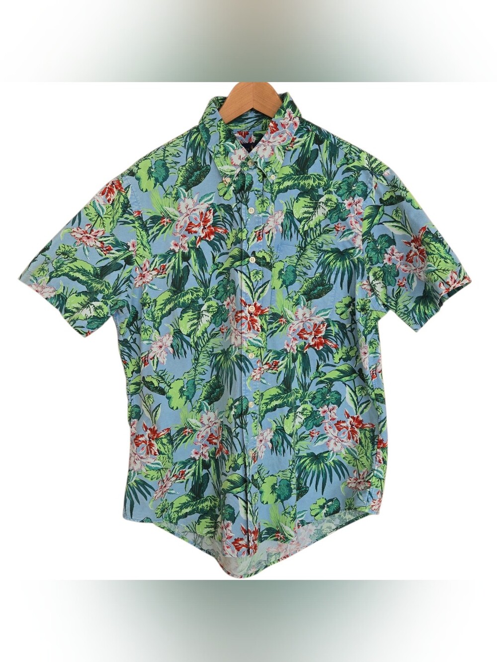 Ralph Lauren Hawaiian Shirt Mens Large Blue Green Tropical Floral Aloha Preppy